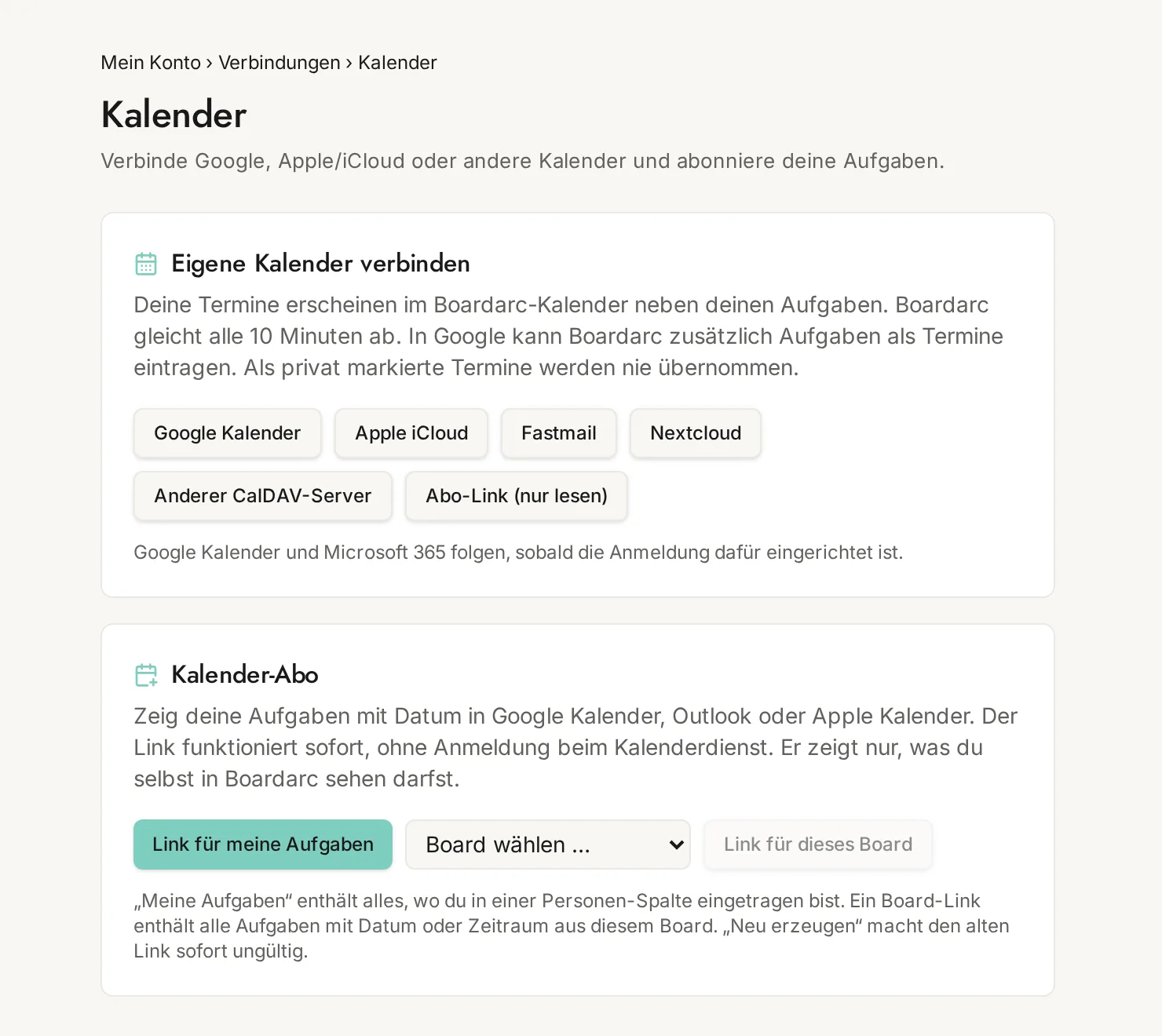 Einstellungen zum Verbinden von Google, Apple iCloud, Fastmail, Nextcloud und Kalender-Abo