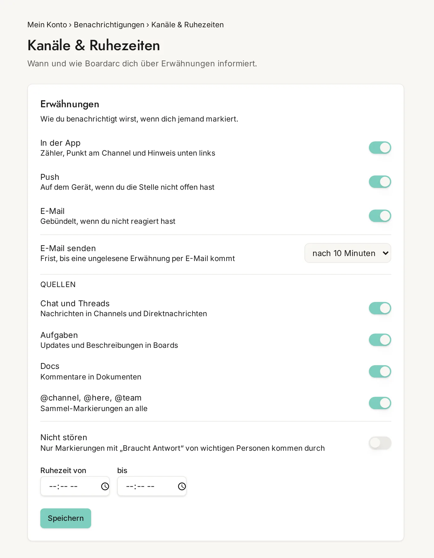 Einstellungen für Benachrichtigungen per App, Push und E-Mail mit Ruhezeiten